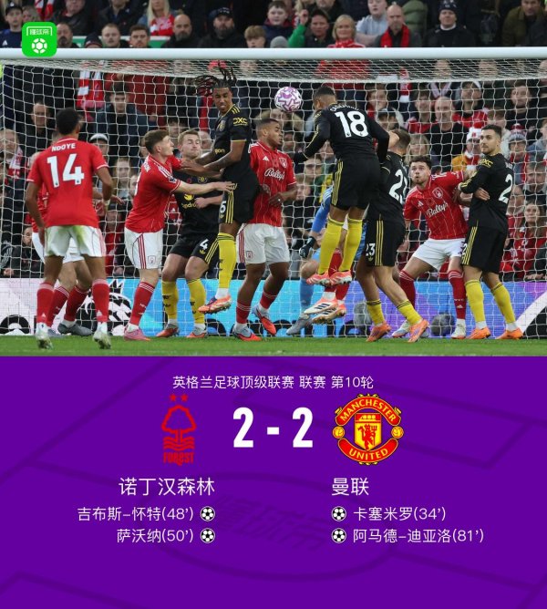 牛融网 剑南春｜曼联客场2-2森林，阿马德-迪亚洛世界波，卡塞米罗破门